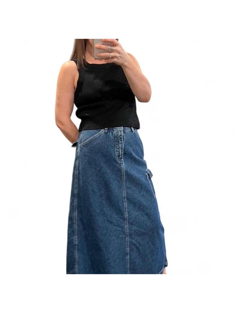 Vintage Y2K Denim Cargo Maxi Skirt Blue Jean A-Line Pocket Skirt